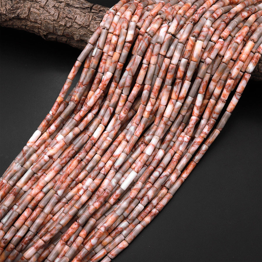 Natural Red Line Marble Jasper Aka Red Crazy Lace Thin Long Tube Beads 14mm 15.5" Strand