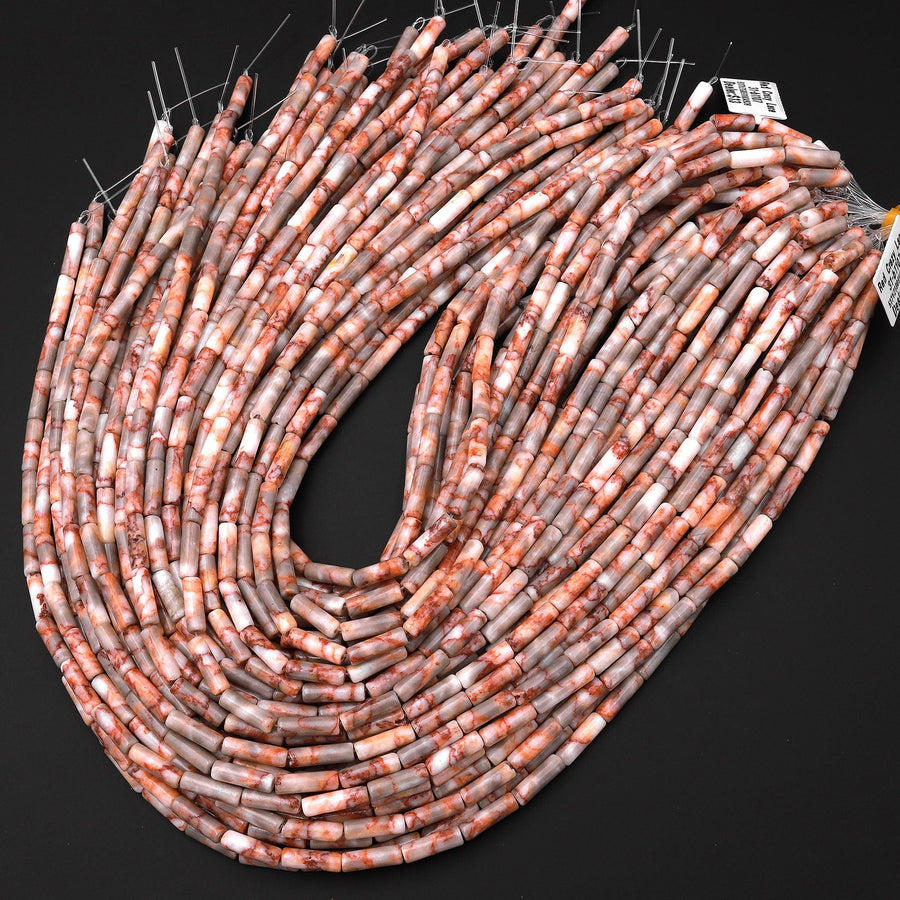 Natural Red Line Marble Jasper Aka Red Crazy Lace Thin Long Tube Beads 14mm 15.5" Strand