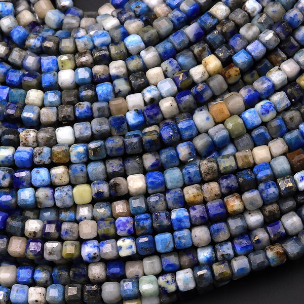 Natural Denim Blue Lapis Gemstone Faceted 3mm Cube Square Dice Beads 15.5" Strand