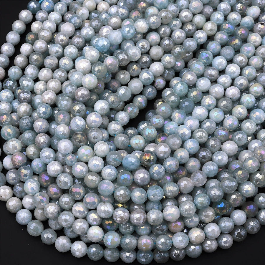 Mystic Aquamarine Faceted 6mm 8mm Round Beads Plated Silverite AB Coated Natural Gemstone 15.5" Strand