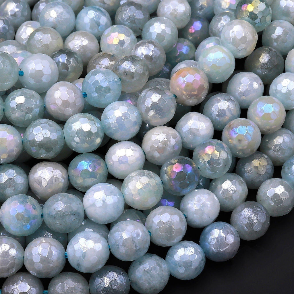 Mystic Aquamarine Faceted 6mm 8mm Round Beads Plated Silverite AB Coated Natural Gemstone 15.5" Strand