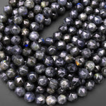Natural Black Labradorite Faceted 8mm 12mm Round Beads Diamond Double Hearted Star Cut 15.5" Strand