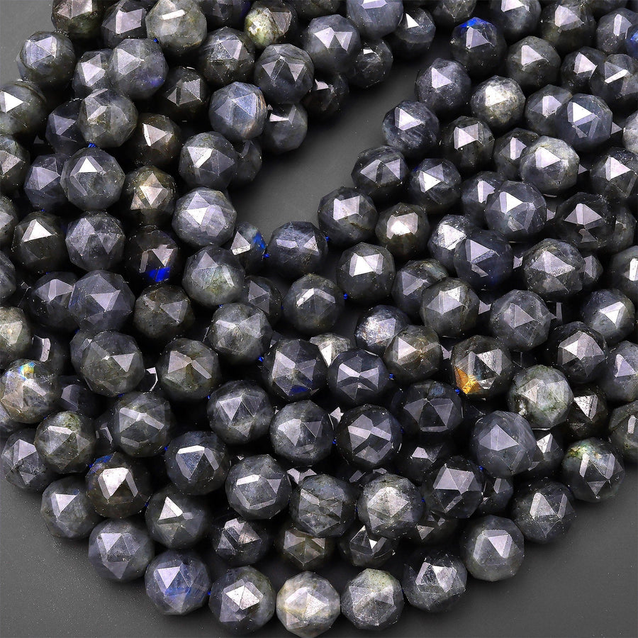 Natural Black Labradorite Faceted 8mm 12mm Round Beads Diamond Double Hearted Star Cut 15.5" Strand