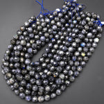 Natural Black Labradorite Faceted 8mm 12mm Round Beads Diamond Double Hearted Star Cut 15.5" Strand