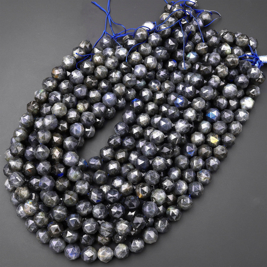 Natural Black Labradorite Faceted 8mm 12mm Round Beads Diamond Double Hearted Star Cut 15.5" Strand