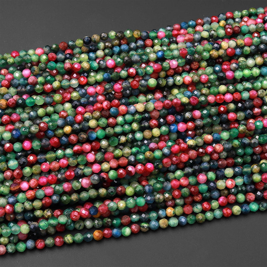 Micro Faceted Multicolor Mixed Vibrant Red Blue Green Cat's Eye Round Beads 3mm 15.5" Strand