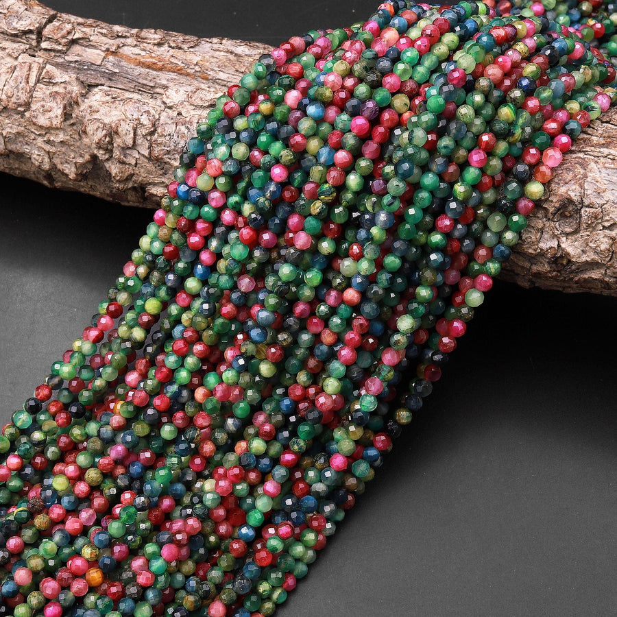 Micro Faceted Multicolor Mixed Vibrant Red Blue Green Cat's Eye Round Beads 3mm 15.5" Strand