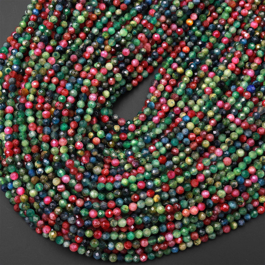 Micro Faceted Multicolor Mixed Vibrant Red Blue Green Cat's Eye Round Beads 3mm 15.5" Strand