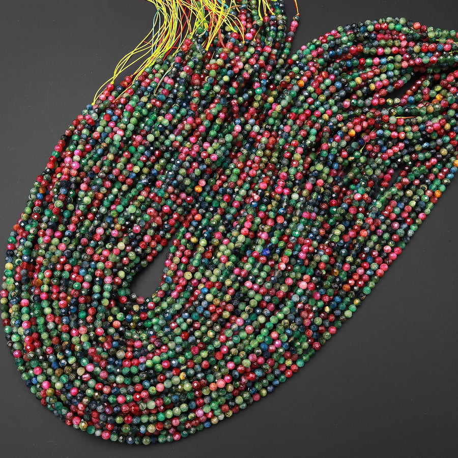 Micro Faceted Multicolor Mixed Vibrant Red Blue Green Cat's Eye Round Beads 3mm 15.5" Strand