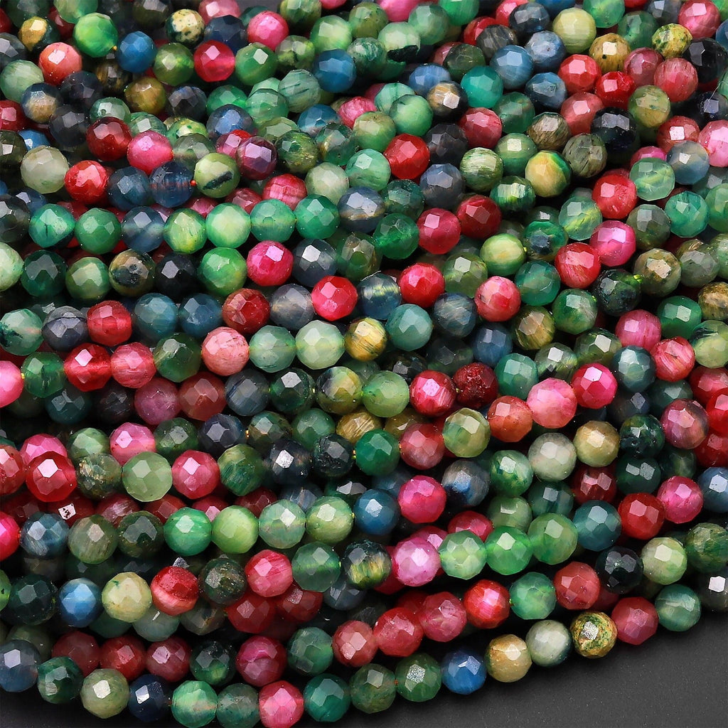 Micro Faceted Multicolor Mixed Vibrant Red Blue Green Cat's Eye Round Beads 3mm 15.5" Strand