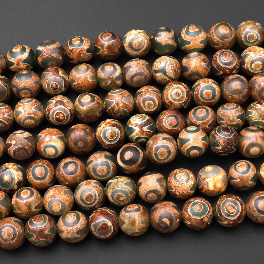 Tibetan Agate 8mm 10mm Round Beads Dzi Agate Green Eye Matte Mala Antique Boho Beads 15" Strand