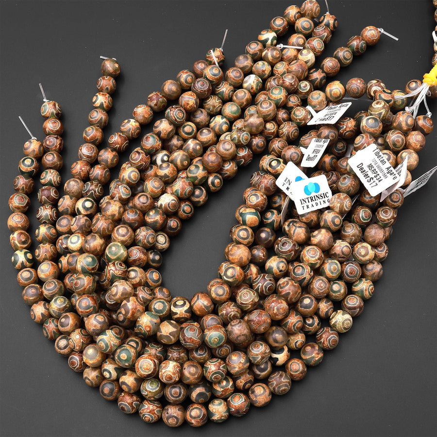 Tibetan Agate 8mm 10mm Round Beads Dzi Agate Green Eye Matte Mala Antique Boho Beads 15" Strand