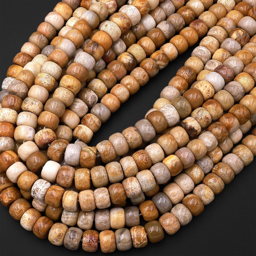 AAA Natural Fossil Coral Smooth Rondelle Beads 6mm 8mm 10mm Golden Brown Beige Tan Yellow Gemstone