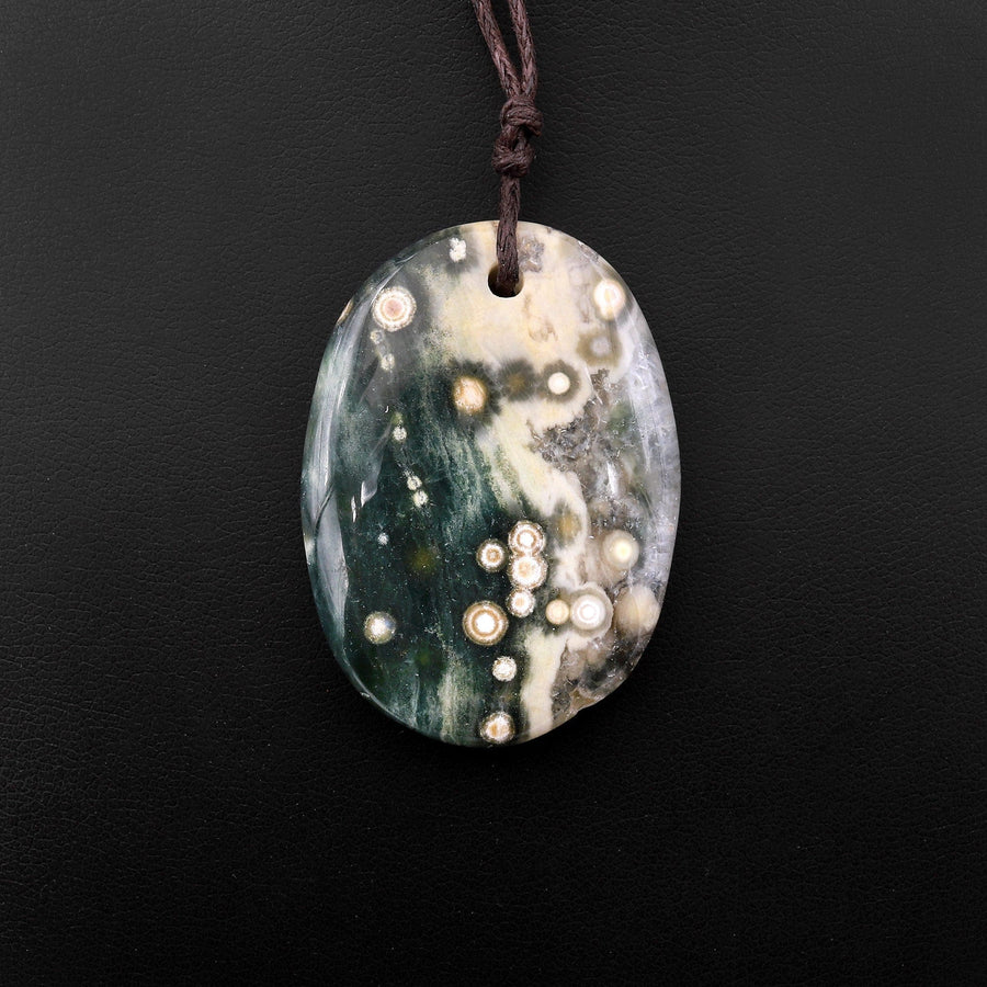 Natural Green Ocean Jasper Pendant Freeform Oval Shape Gemstone