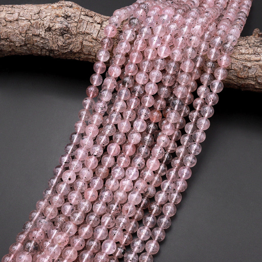 Rare Natural Black Hematite in Pink Strawberry Quartz 6mm 8mm Round Beads Rare Crystal Powerful Energy Stone 15.5" Strand