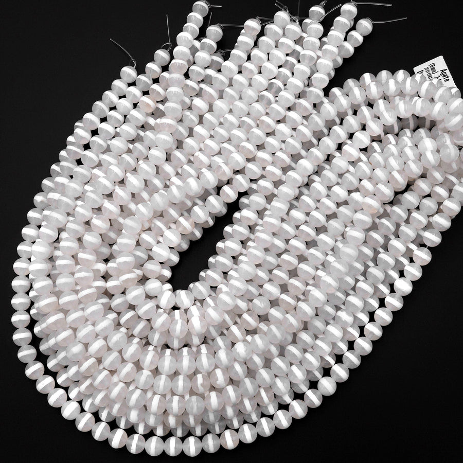 Tibetan White Agate 6mm 8mm 10mm Round Beads Dzi Etched Line Ring Mala Antique Boho Beads 15.5" Strand