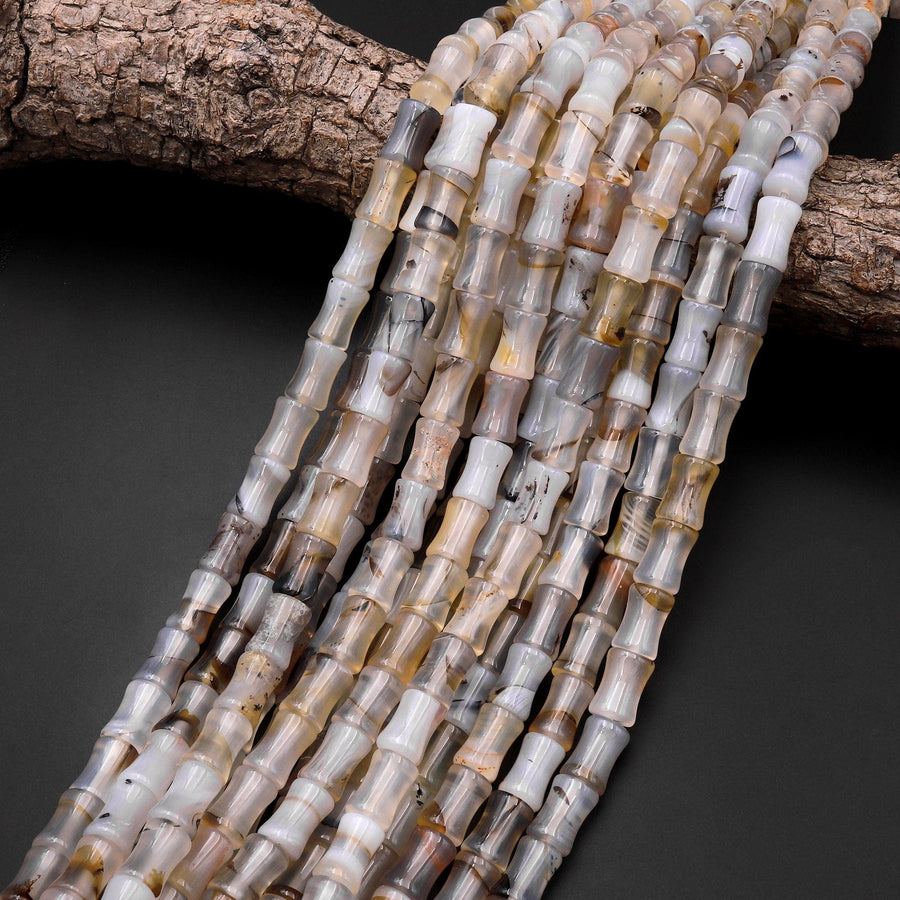 Natural Montana Agate Tube Cylinder Carved Bamboo Stem Shape Amazing Veins Bands 15.5" Strand