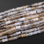 Natural Montana Agate Tube Cylinder Carved Bamboo Stem Shape Amazing Veins Bands 15.5" Strand