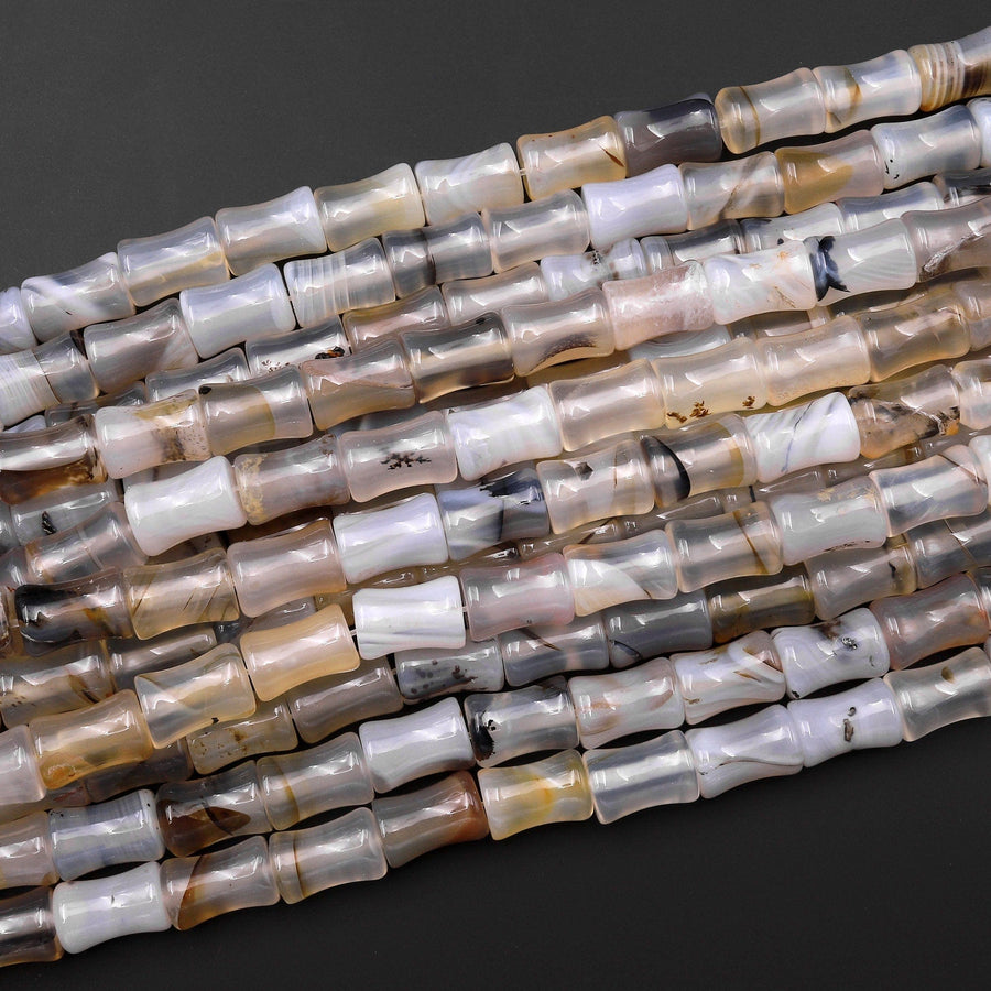 Natural Montana Agate Tube Cylinder Carved Bamboo Stem Shape Amazing Veins Bands 15.5" Strand