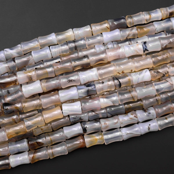 Natural Montana Agate Tube Cylinder Carved Bamboo Stem Shape Amazing Veins Bands 15.5" Strand