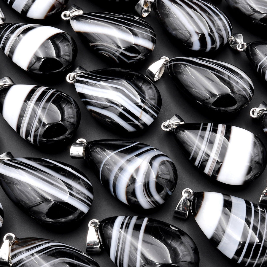 Black White Tuxedo Teardrop Pendant Natural Crystal Focal Bead