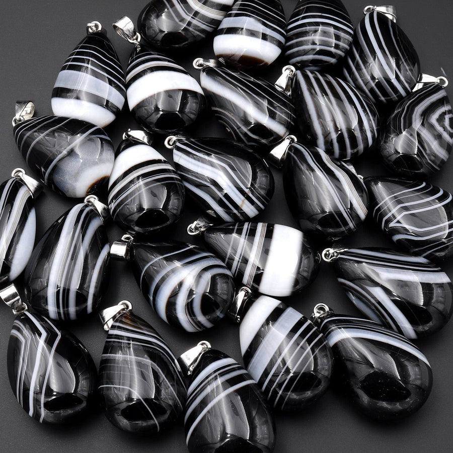 Black White Tuxedo Teardrop Pendant Natural Crystal Focal Bead
