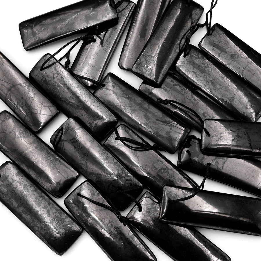 Hand Cut Genuine Natural Shungite Long Rectangle Pendant High Quality Black Lustrous Gemstone from Russia
