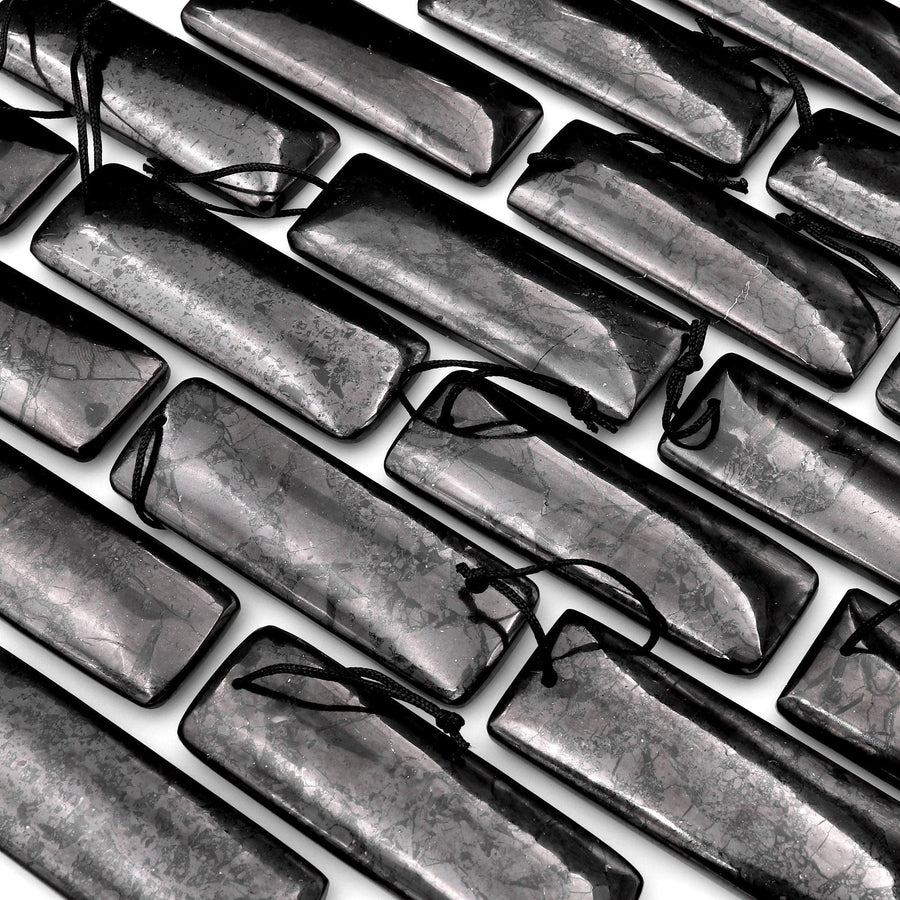 Hand Cut Genuine Natural Shungite Long Rectangle Pendant High Quality Black Lustrous Gemstone from Russia