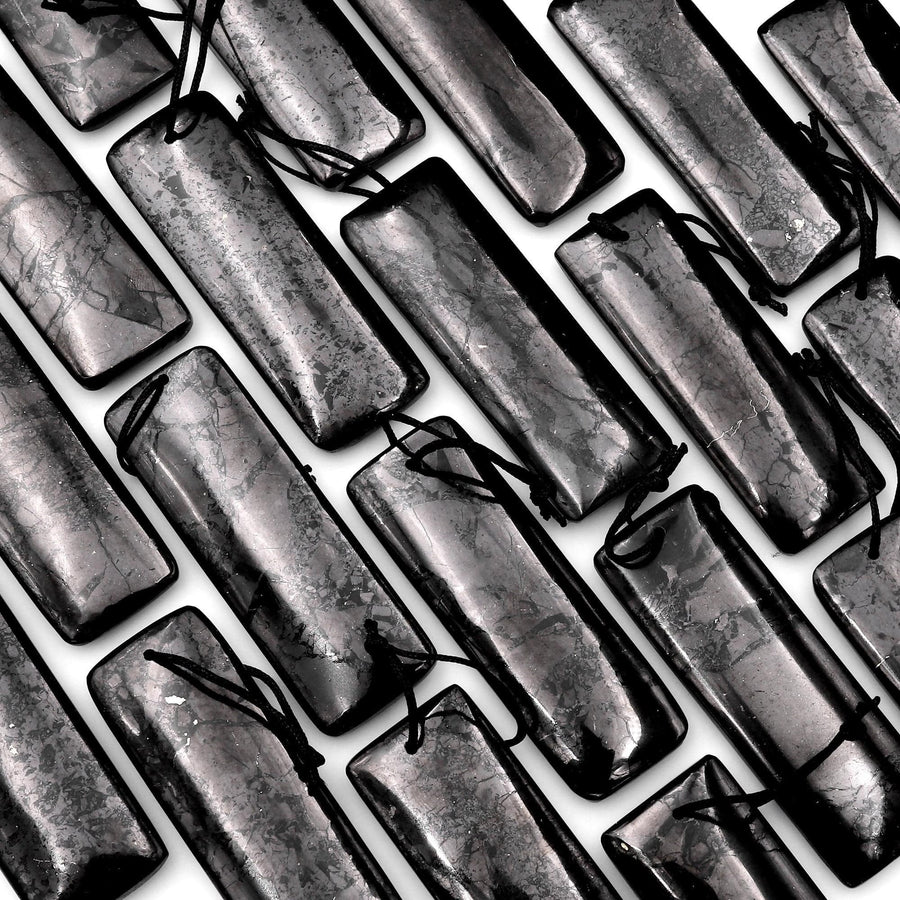 Hand Cut Genuine Natural Shungite Long Rectangle Pendant High Quality Black Lustrous Gemstone from Russia