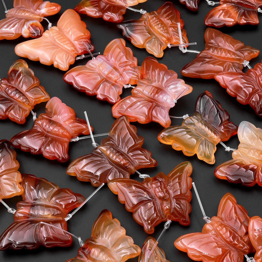 Hand Carved Natural Carnelian Butterfly Earring Pair Drilled Gemstone Matched Beads