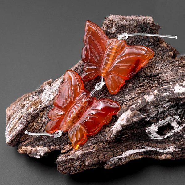 Hand Carved Natural Carnelian Butterfly Earring Pair Drilled Gemstone Matched Beads