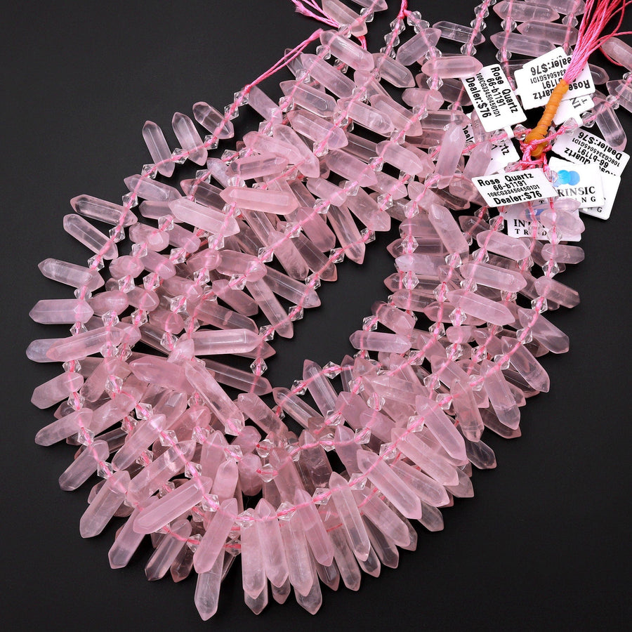 AAA Small Natural Pink Rose Quartz Faceted Double Terminated Pointes Side Drilled Focal Pendant Beads Bullet Bicone 15" Strand