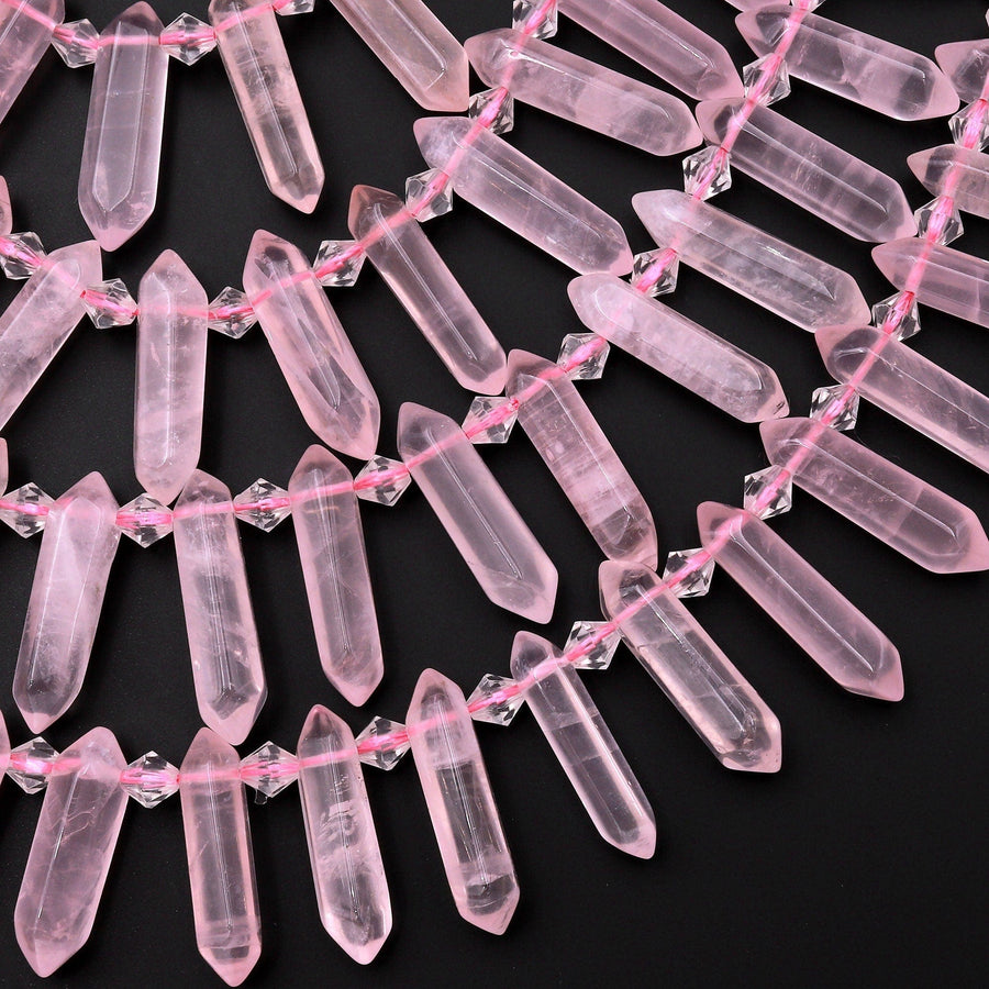 AAA Small Natural Pink Rose Quartz Faceted Double Terminated Pointes Side Drilled Focal Pendant Beads Bullet Bicone 15" Strand