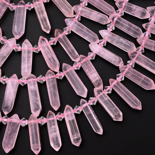 AAA Small Natural Pink Rose Quartz Faceted Double Terminated Pointes Side Drilled Focal Pendant Beads Bullet Bicone 15" Strand