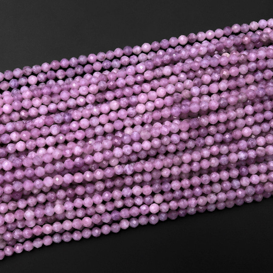 Micro Faceted Natural Light Mauve Purple Lepidolite Faceted Round 3mm 4mm Beads 15.5" Strand