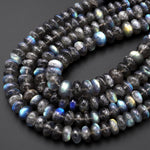 Natural Labradorite Smooth Rondelle Beads 8mm 10mm Brilliant Rainbow Blue Fire Flashes 10" Strand