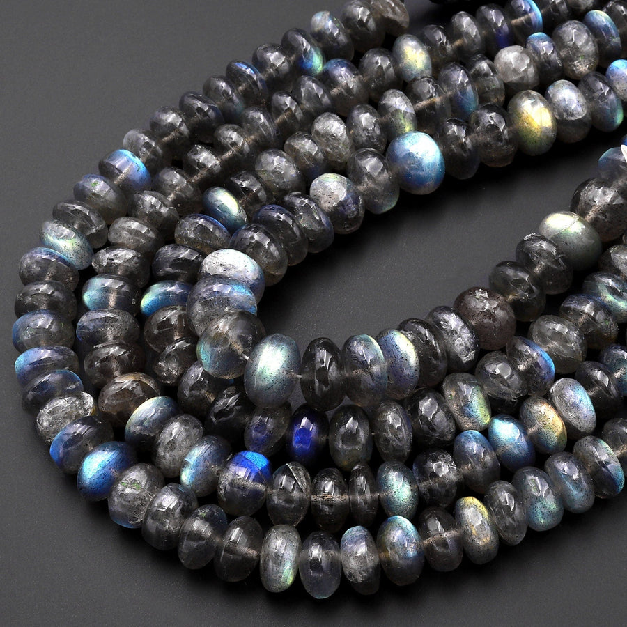 Natural Labradorite Smooth Rondelle Beads 8mm 10mm Brilliant Rainbow Blue Fire Flashes 10" Strand