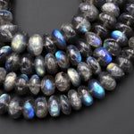 Natural Labradorite Smooth Rondelle Beads 8mm 10mm Brilliant Rainbow Blue Fire Flashes 10" Strand