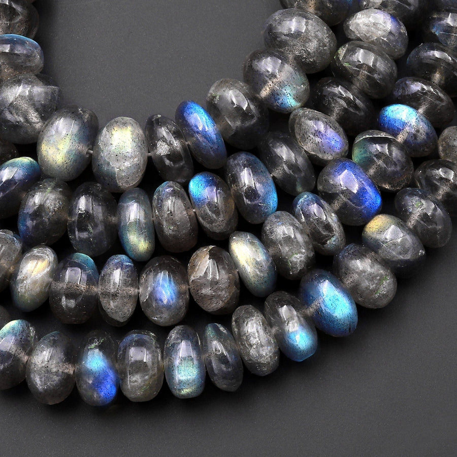 Natural Labradorite Smooth Rondelle Beads 8mm 10mm Brilliant Rainbow Blue Fire Flashes 10" Strand
