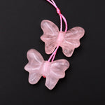 Hand Carved Natural Pink Rose Quartz Butterfly Earring Pair Drilled Gemstone Matched Beads A1