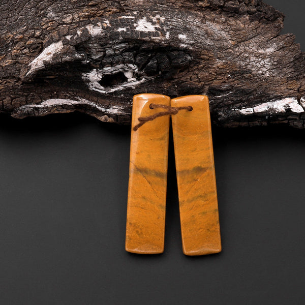 Rare Natural Buffalo Jasper Earring Drilled Matched Rectangle Yellow Ochre Golden Brown Gemstone Bead Pair