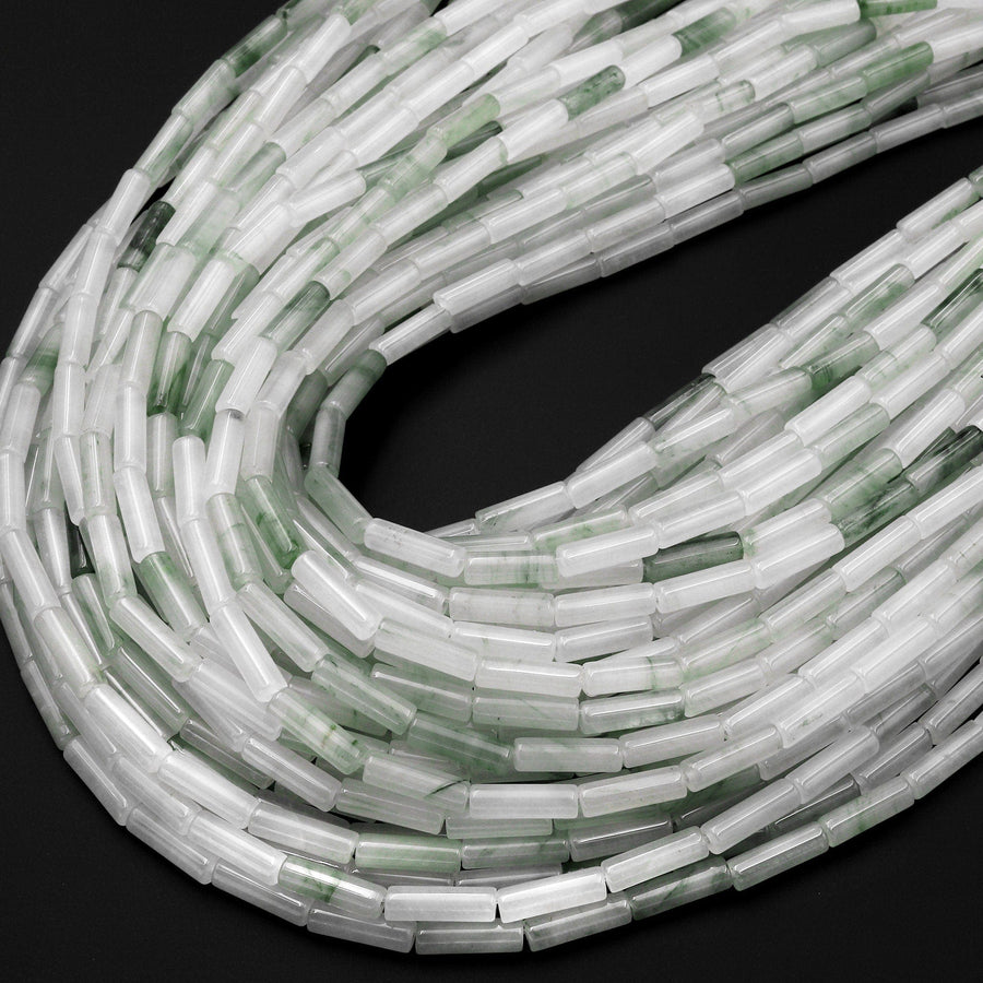 Natural Green Mountain Green Jade Thin Long Tube Beads 14mm 15.5" Strand
