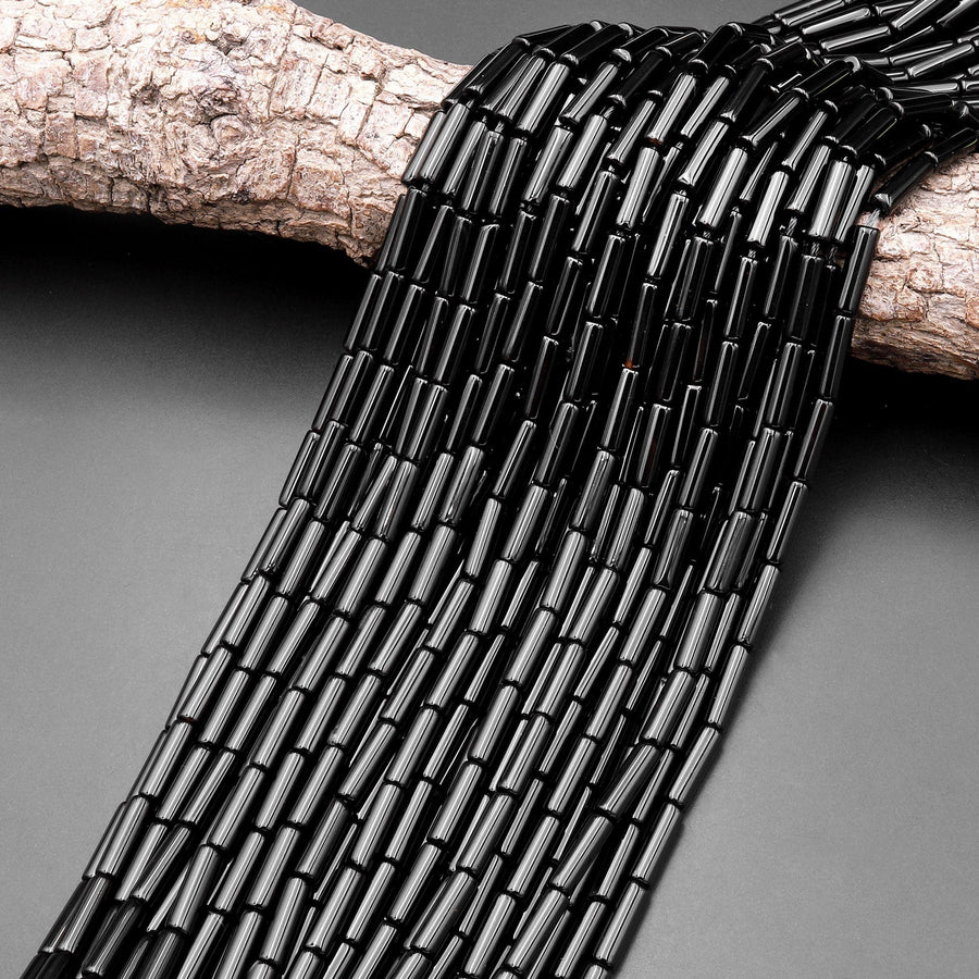 Natural Black Onyx Thin Long Tube Beads 14mm 15.5" Strand
