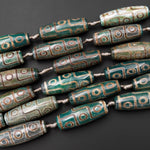 Tibetan Agate Barrel Drum Cylinder Tube 30mm 40mm Beads Dzi Agate Serene Green Brown Etched Eye Antique Boho Beads 15.5" Strand
