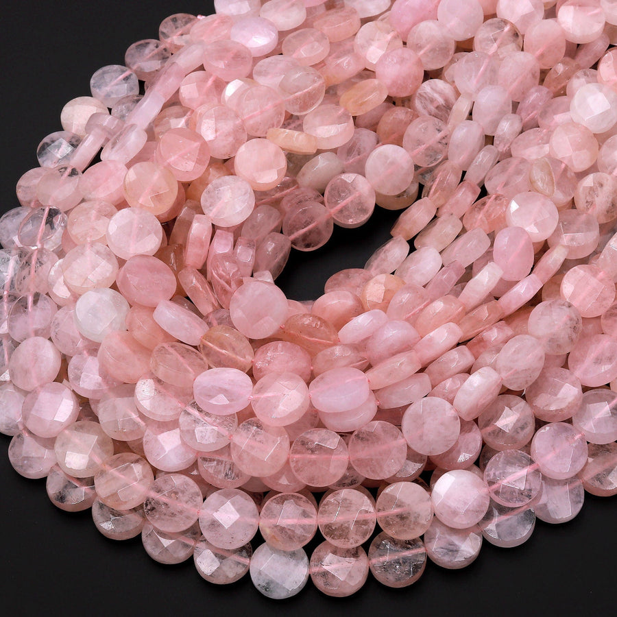 Faceted Natural Pink Morganite 12mm Coin Beads Aka Pink Beryl Aquamarine Gemstone 15.5" Strand