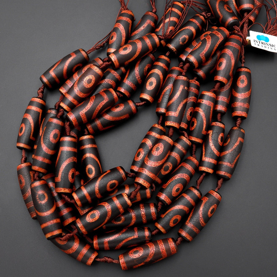 Large Tibetan Agate Barrel Drum Cylinder Tube 40mm Beads Dzi Agate Red Brown Etched Eye Antique Boho Beads 15.5" Strand