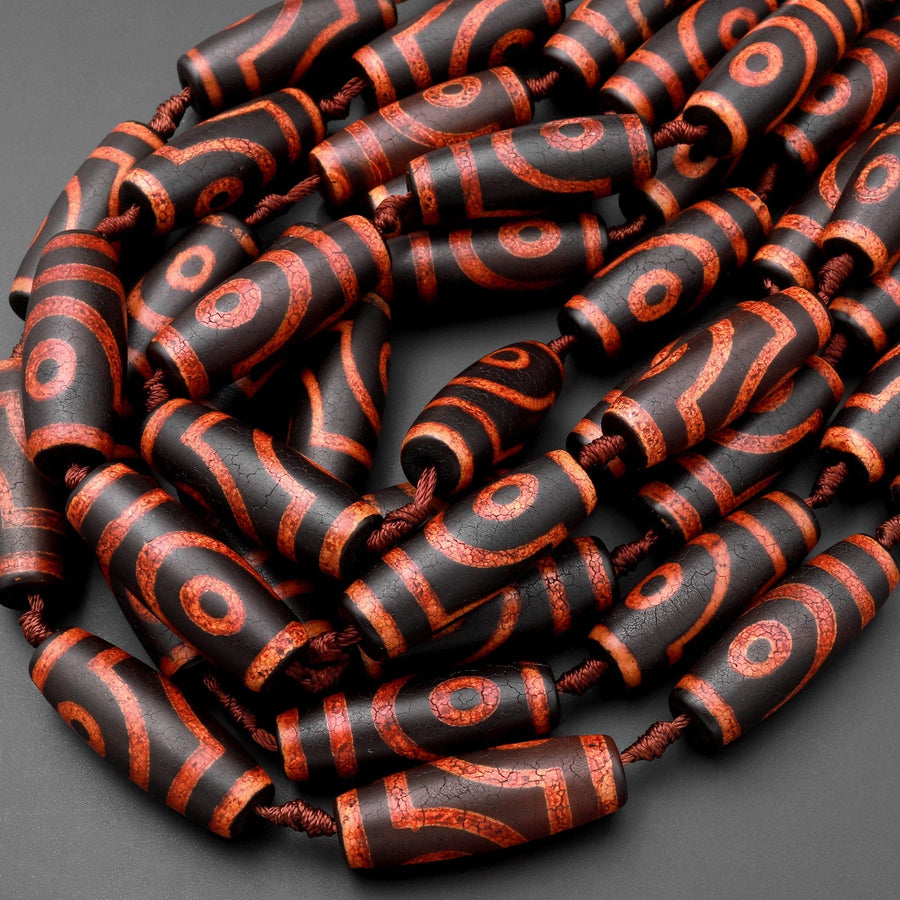 Large Tibetan Agate Barrel Drum Cylinder Tube 40mm Beads Dzi Agate Red Brown Etched Eye Antique Boho Beads 15.5" Strand