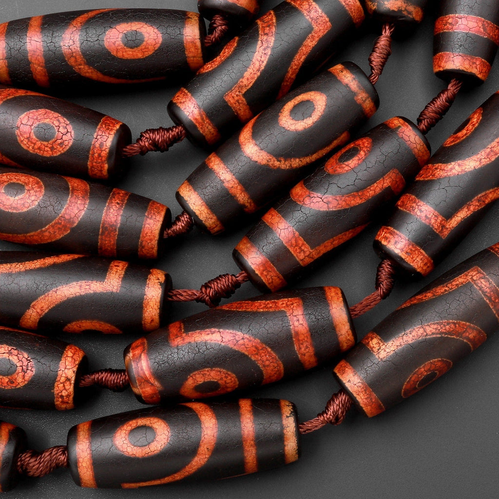 Large Tibetan Agate Barrel Drum Cylinder Tube 40mm Beads Dzi Agate Red Brown Etched Eye Antique Boho Beads 15.5" Strand