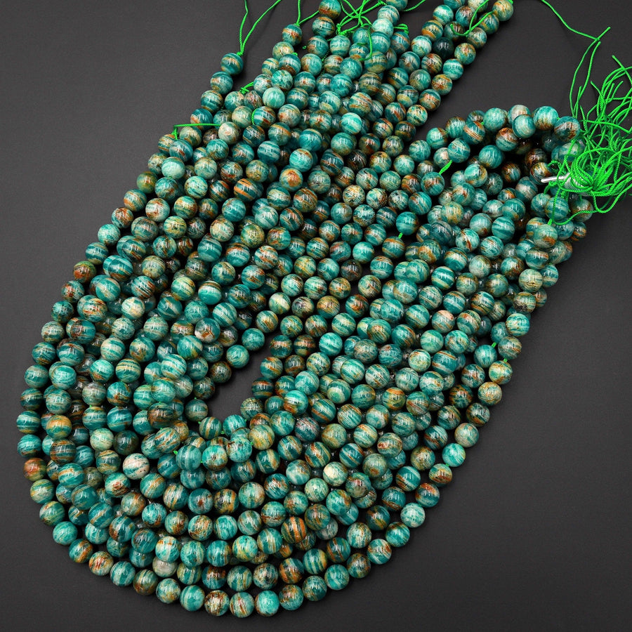 Rare Banded Natural Russian Amazonite 6mm 8mm 10mm Round Beads W Gold Copper Matrix 15.5" Strand