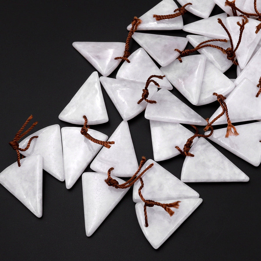 Icy Natural Real Genuine Burma White Jade Triangle Earring Pair Drilled Gemstone Matched Beads